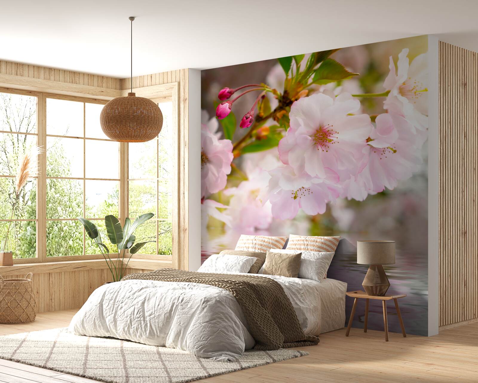 Fototapeta gałęzie wiśni z różowymi kwiatami wiszą nad wodą