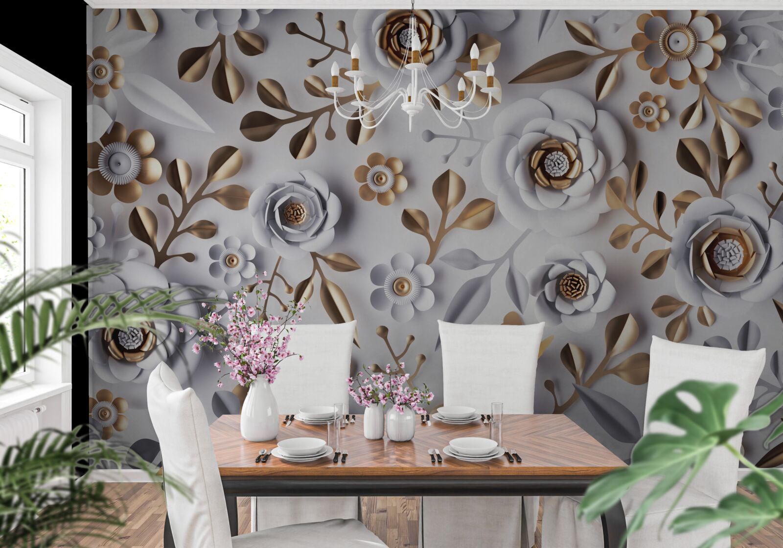 Fototapeta złote liście i białe kwiaty