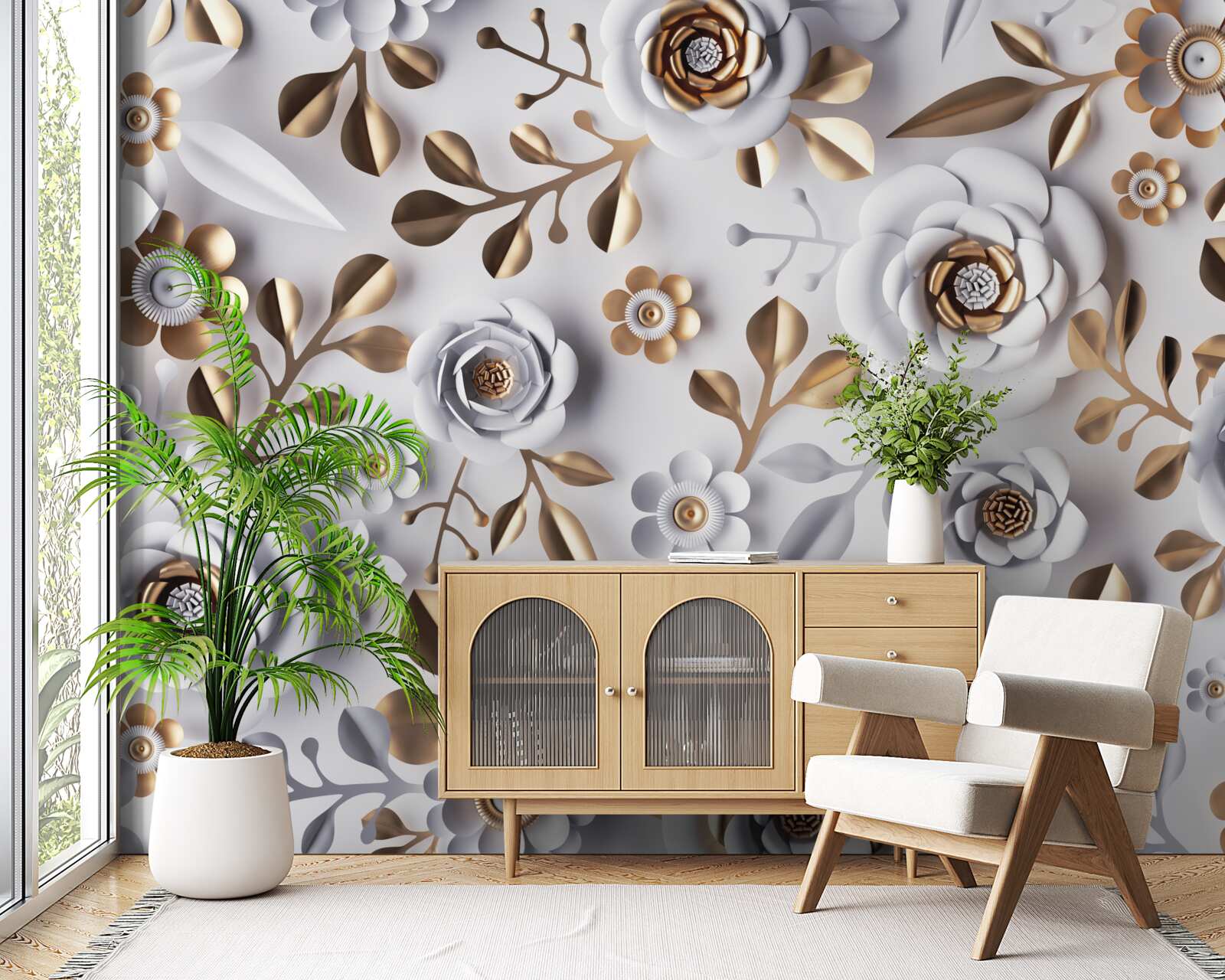 Fototapeta złote liście i białe kwiaty