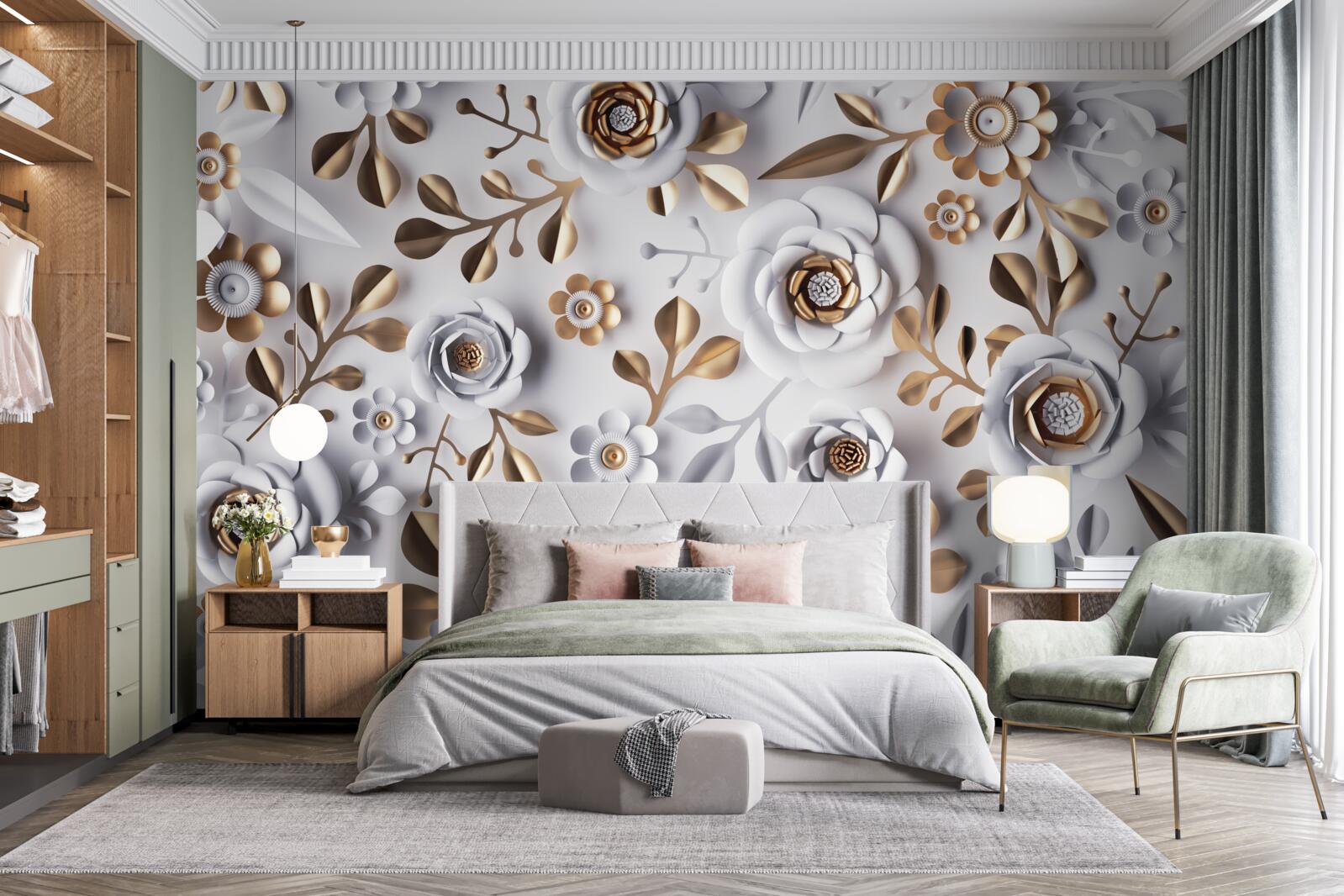 Fototapeta złote liście i białe kwiaty