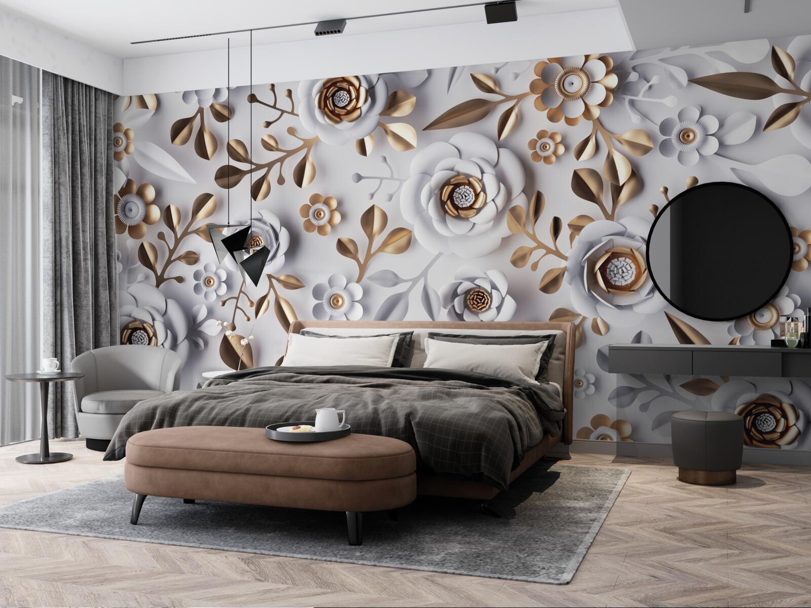 Fototapeta złote liście i białe kwiaty