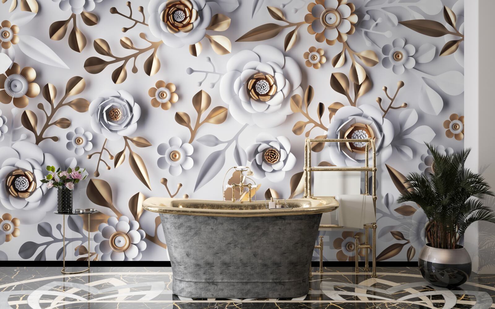 Fototapeta złote liście i białe kwiaty