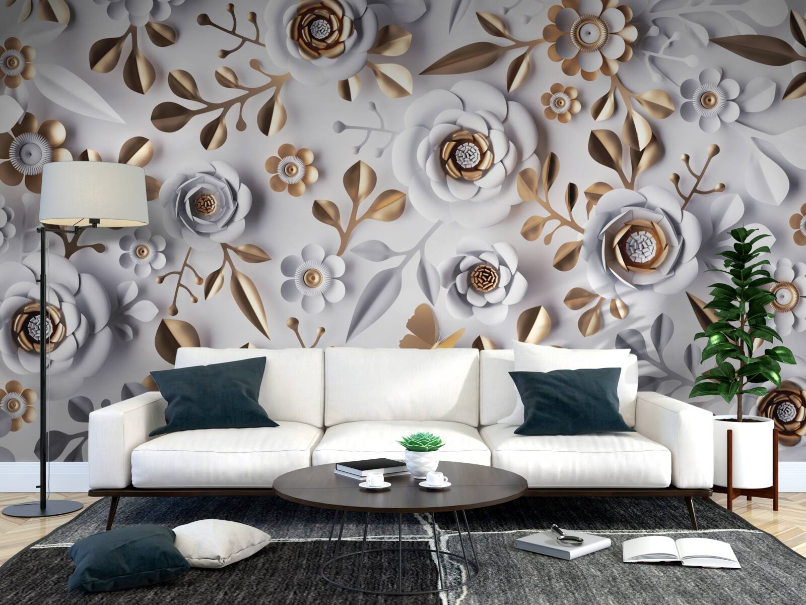 Fototapeta złote liście i białe kwiaty