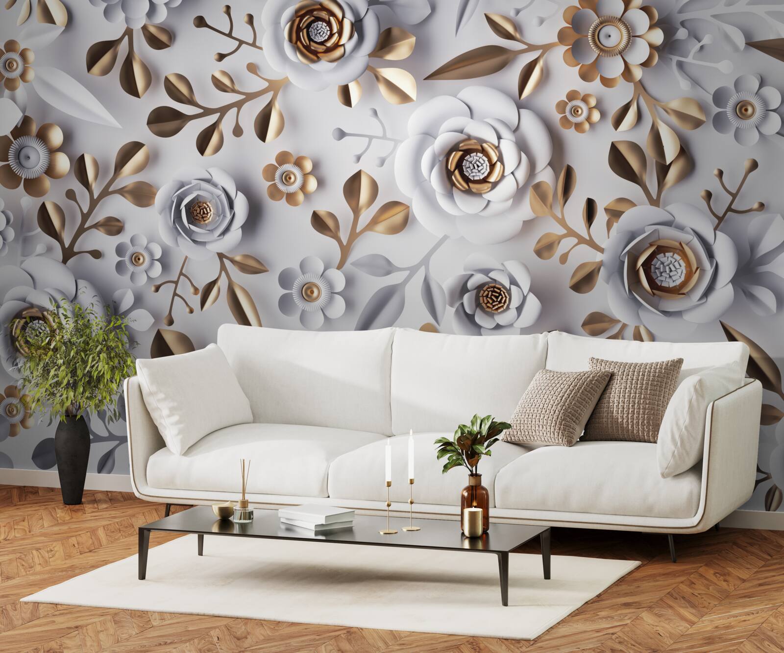 Fototapeta złote liście i białe kwiaty