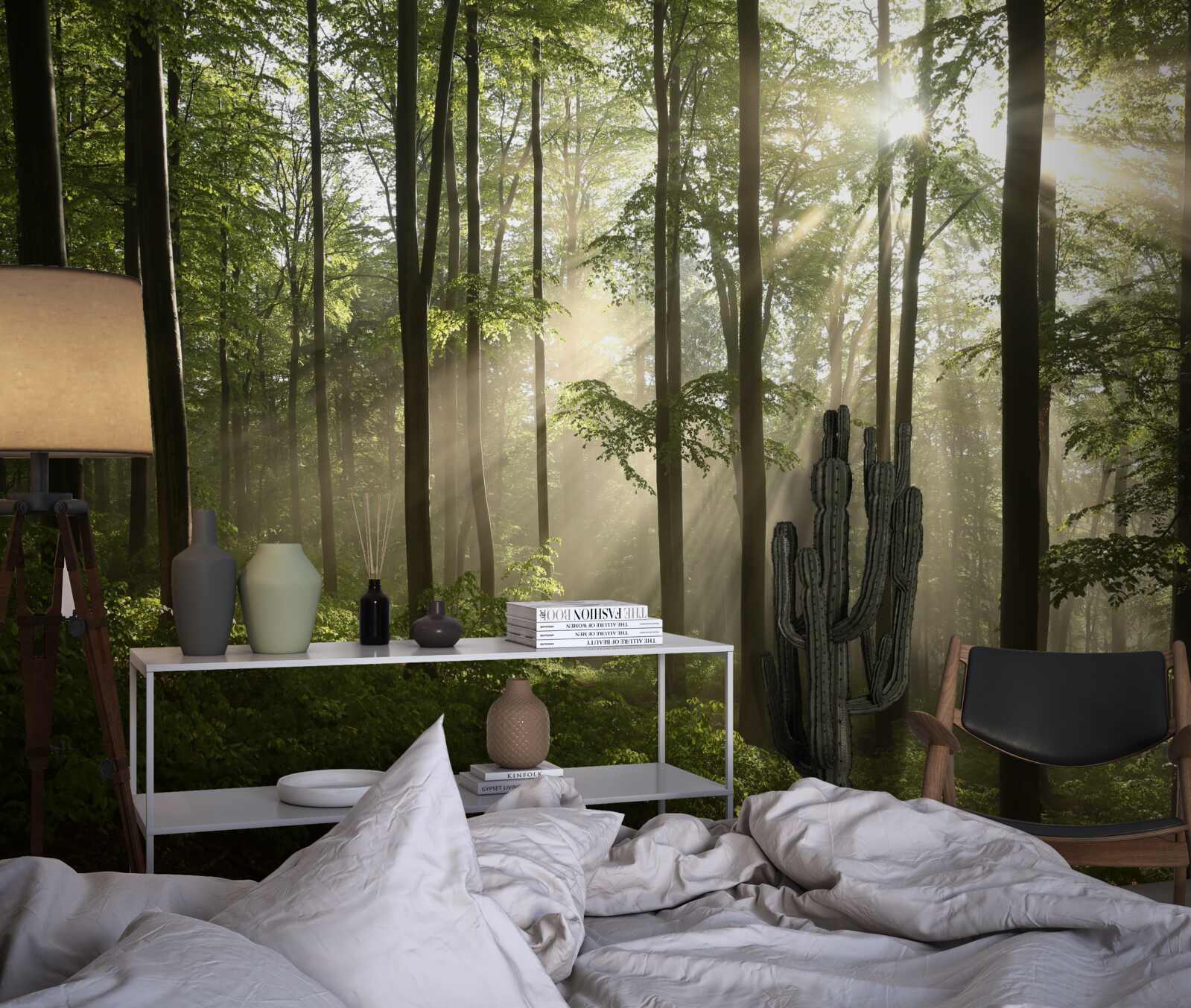 Fototapeta promienie słoneczne przenikają przez mgłę w lesie