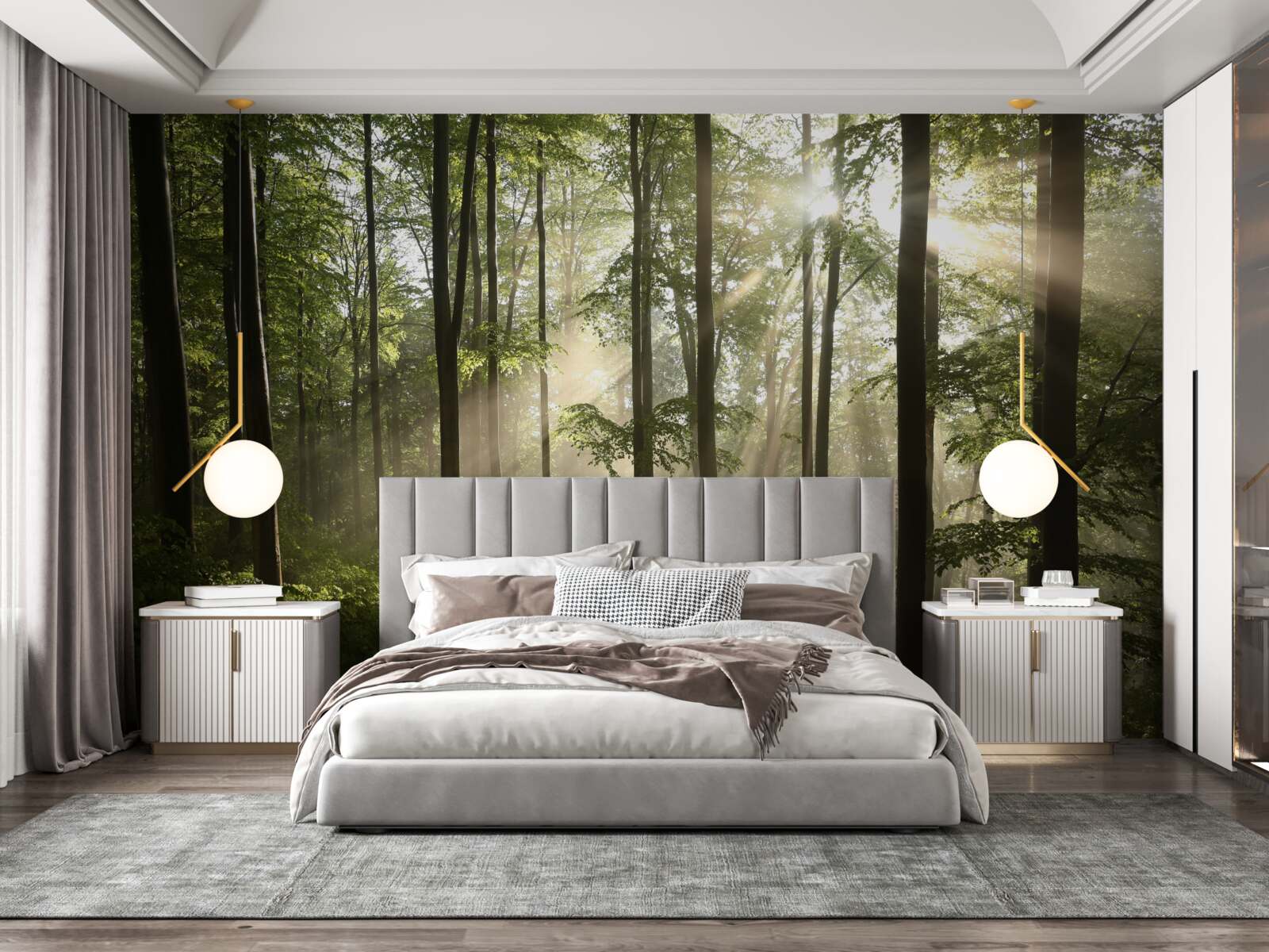 Fototapeta promienie słoneczne przenikają przez mgłę w lesie