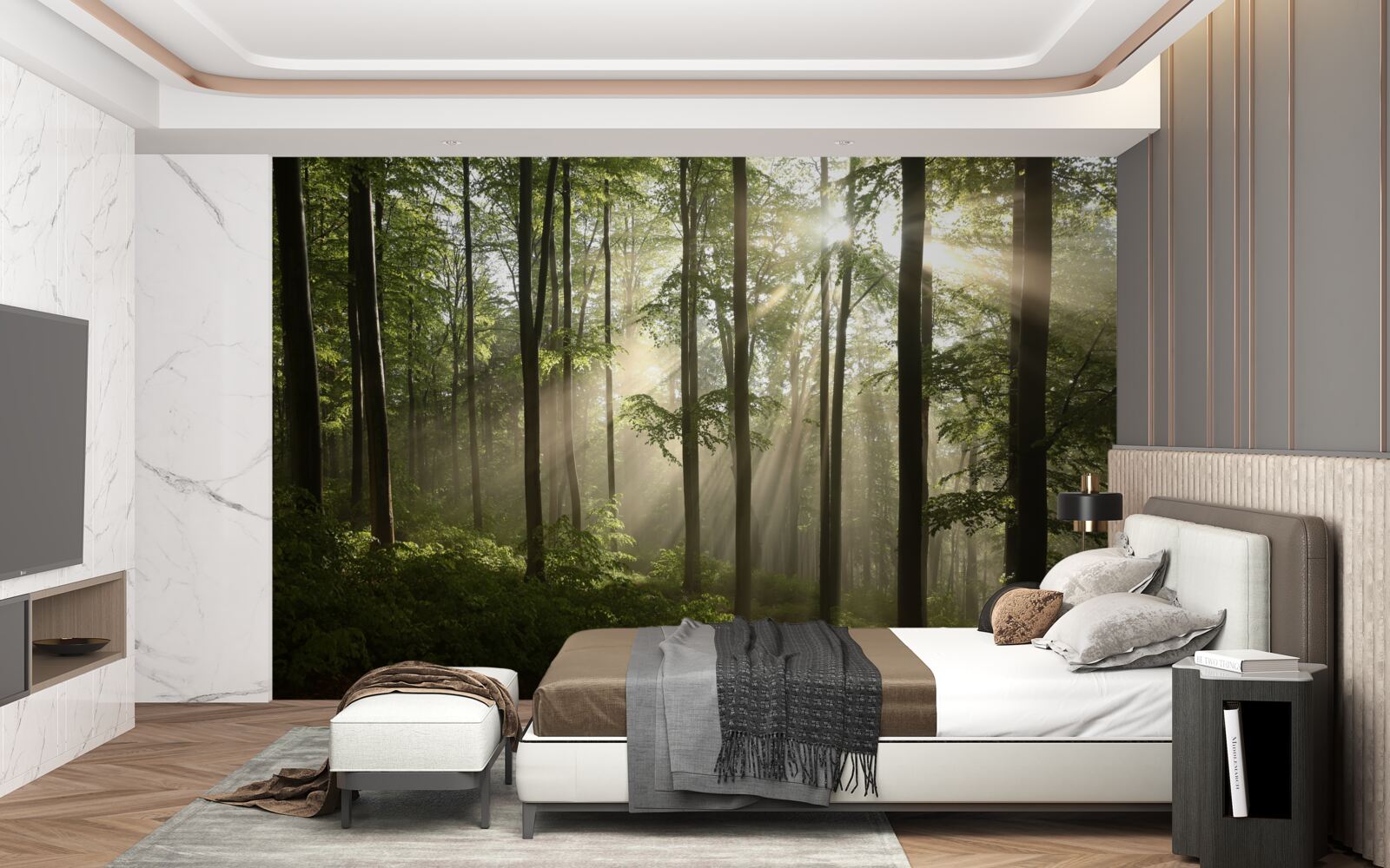 Fototapeta promienie słoneczne przenikają przez mgłę w lesie