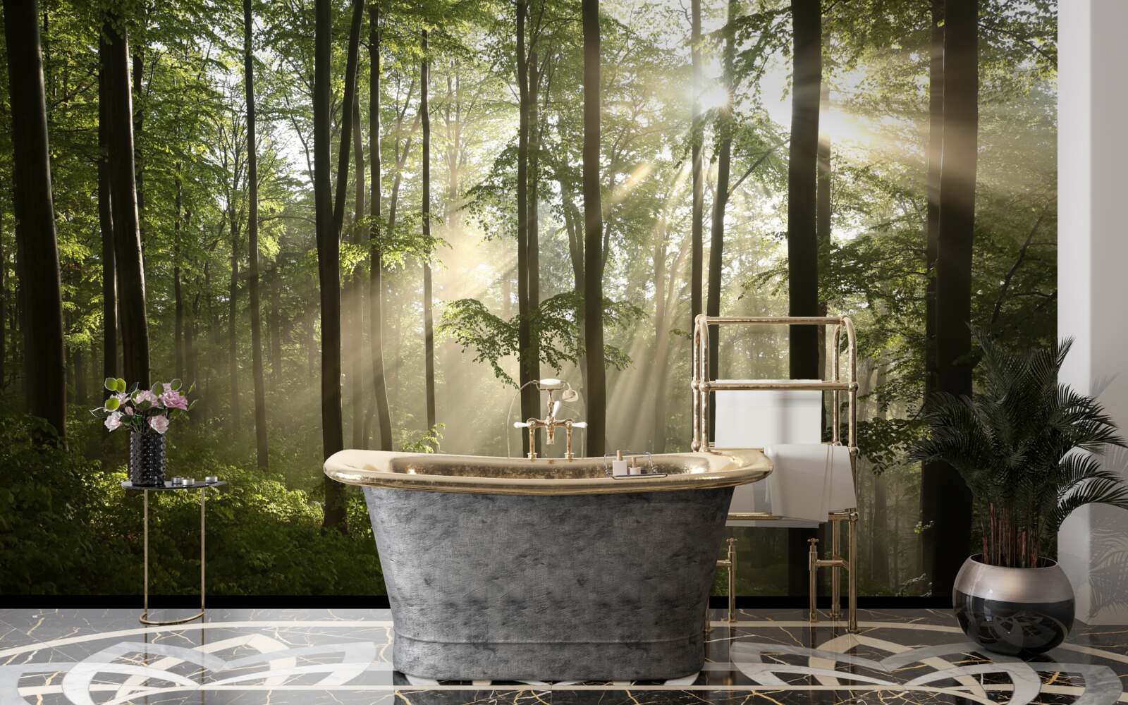 Fototapeta promienie słoneczne przenikają przez mgłę w lesie