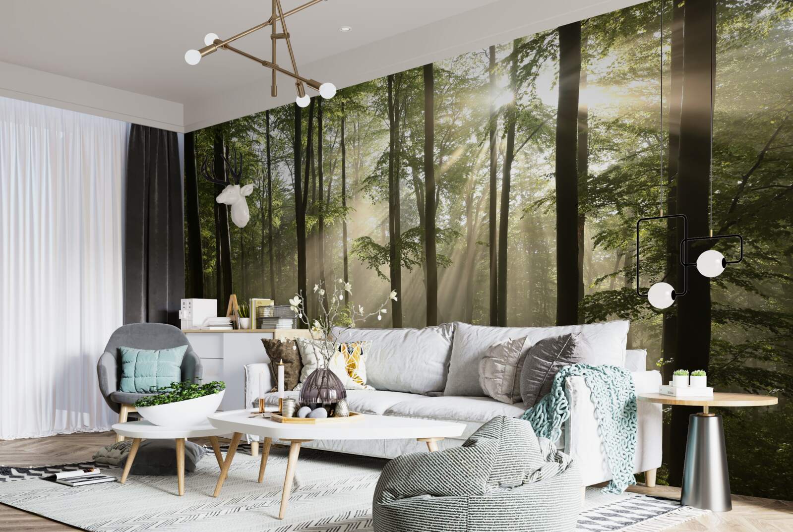 Fototapeta promienie słoneczne przenikają przez mgłę w lesie