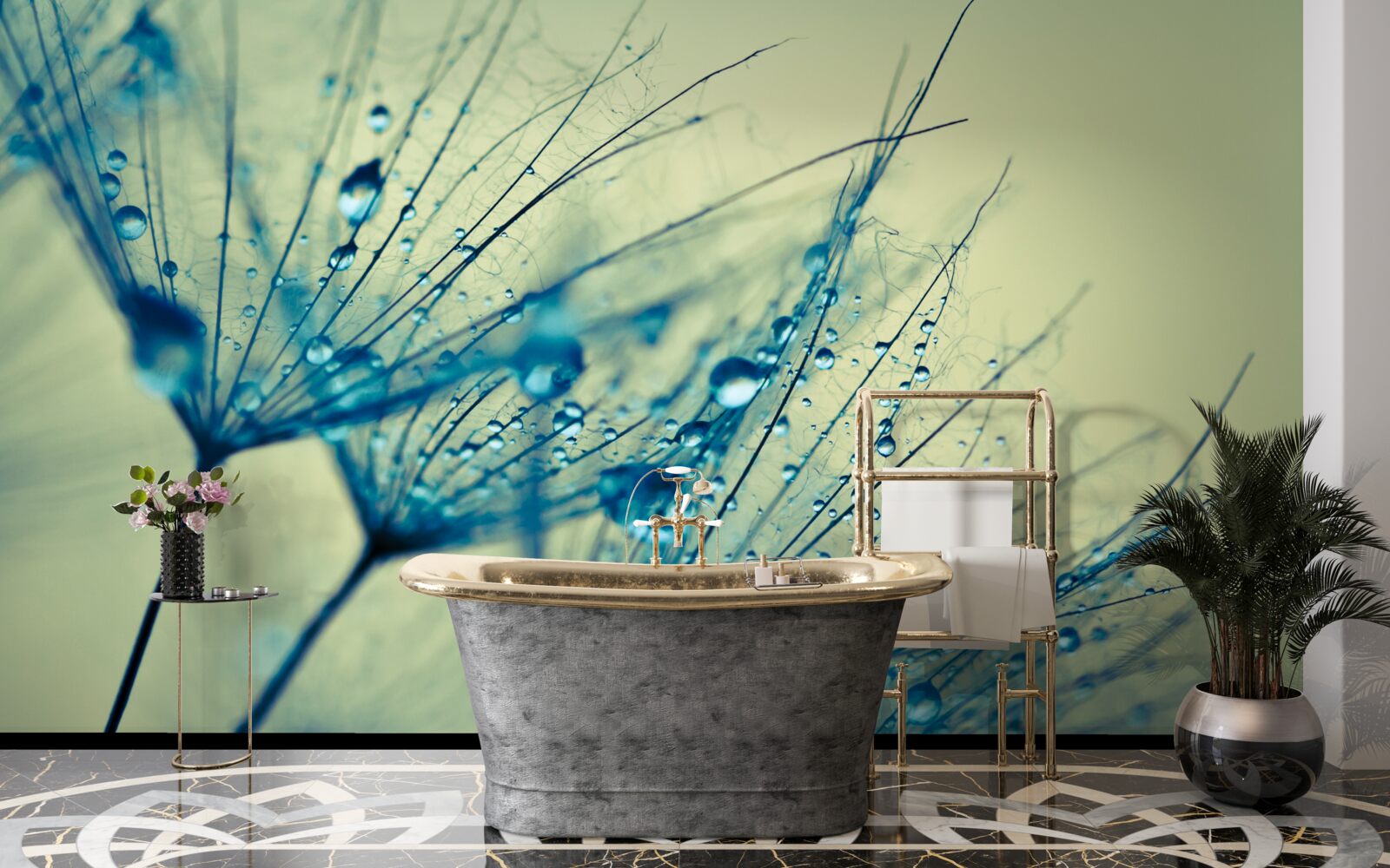 Fototapeta mniszek lekarski ozdobiony kroplami wody