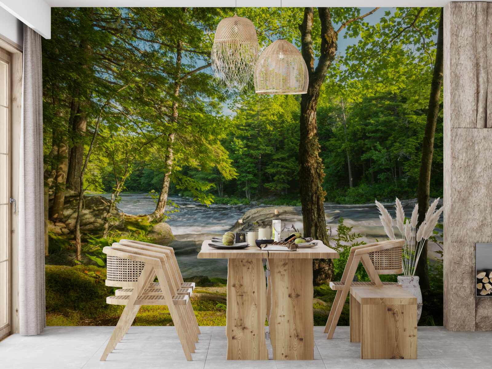 Fototapeta hałaśliwa rzeka w górach przepływająca przez słoneczny las