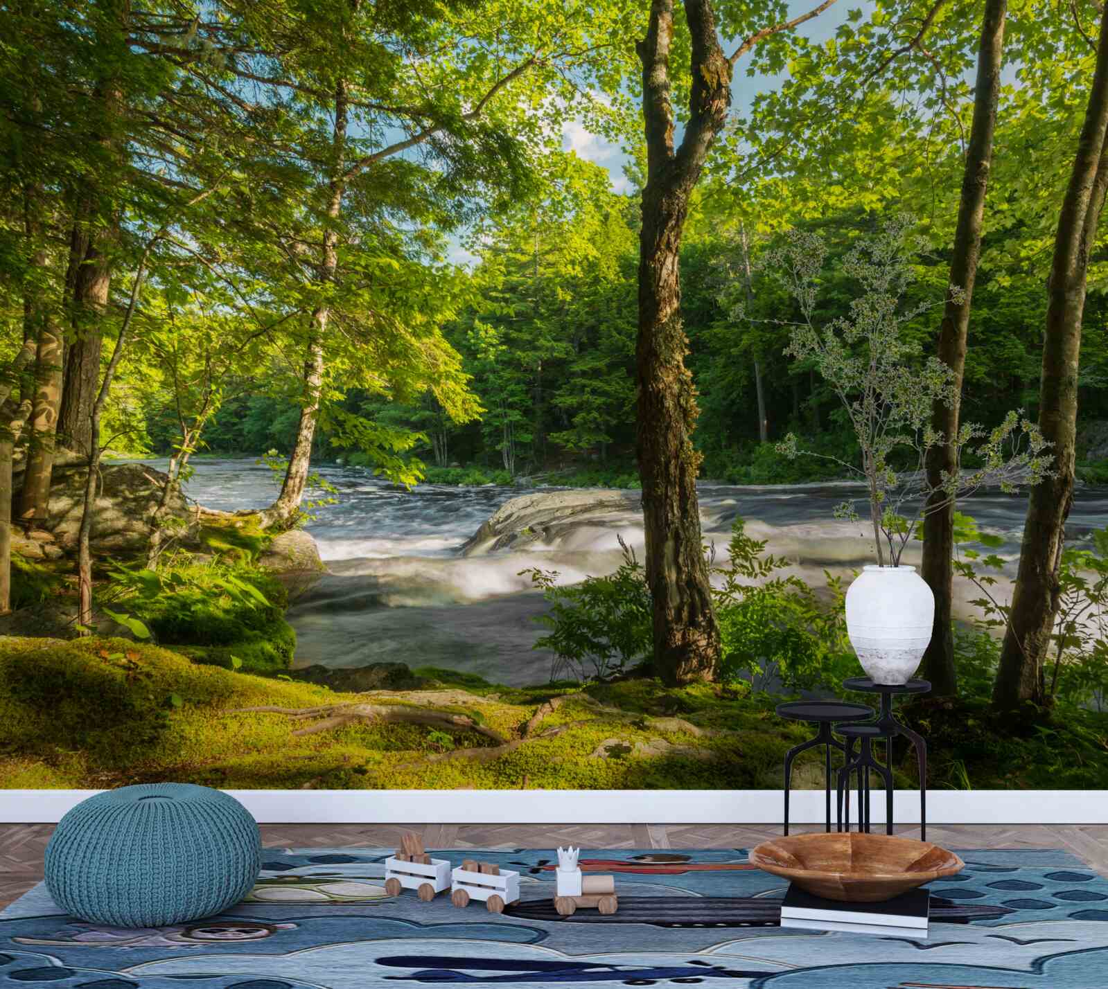 Fototapeta hałaśliwa rzeka w górach przepływająca przez słoneczny las