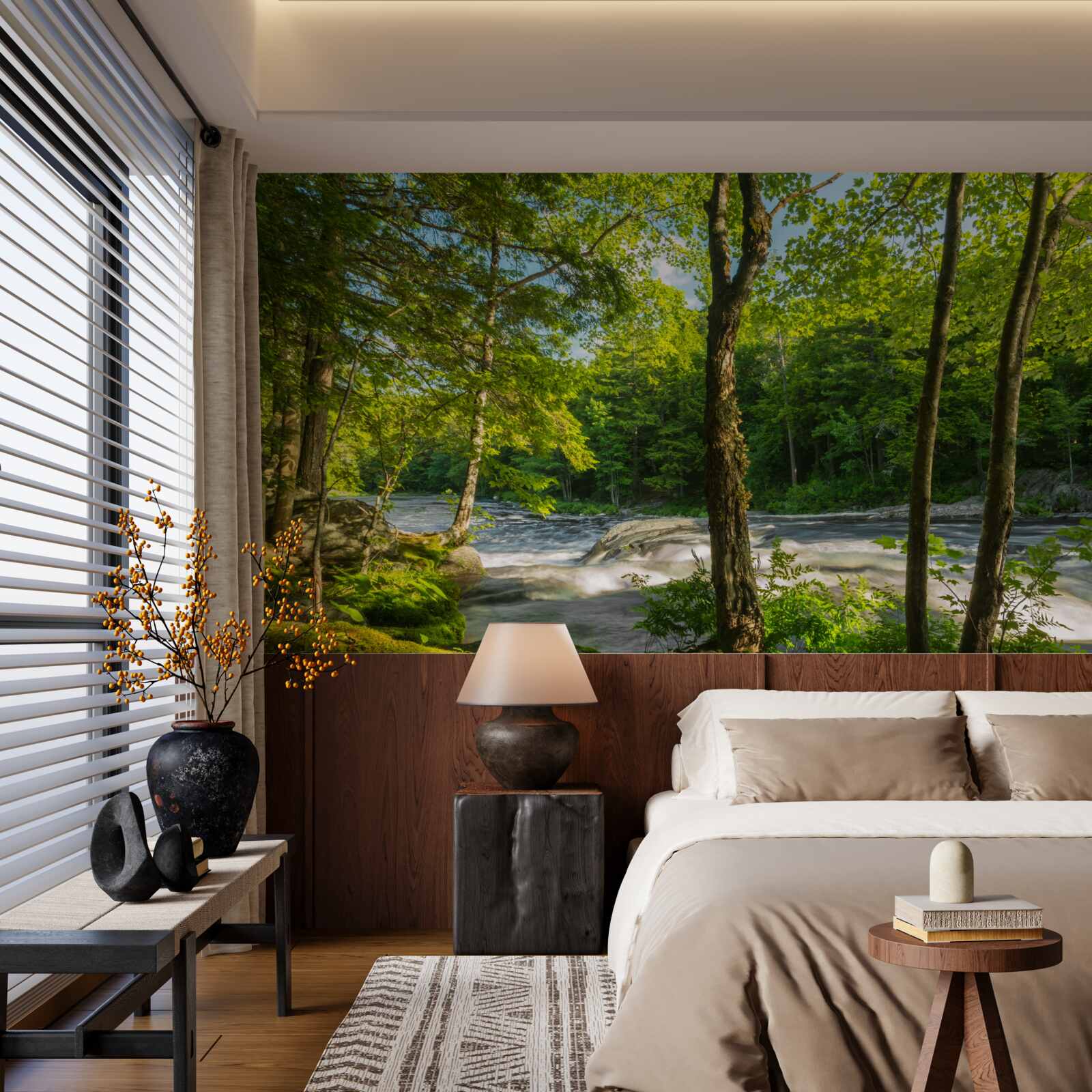 Fototapeta hałaśliwa rzeka w górach przepływająca przez słoneczny las