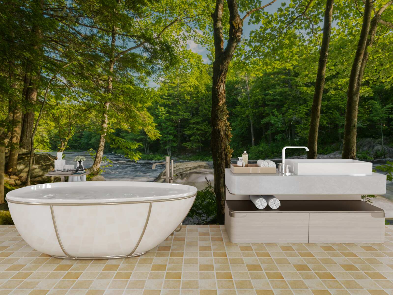 Fototapeta hałaśliwa rzeka w górach przepływająca przez słoneczny las