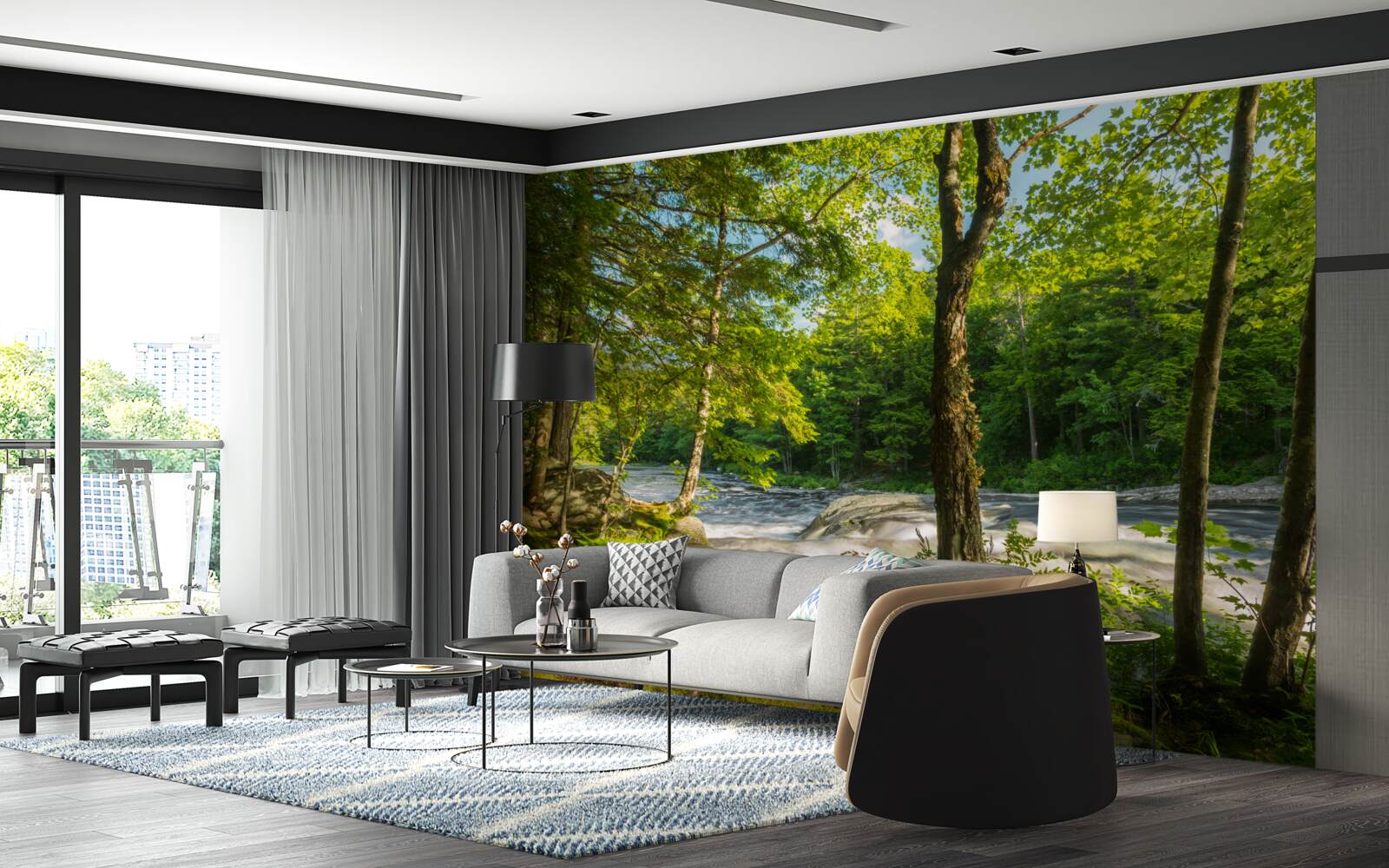 Fototapeta hałaśliwa rzeka w górach przepływająca przez słoneczny las