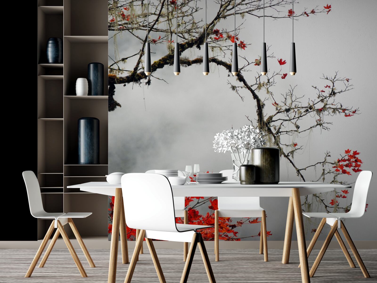 Fototapeta gałąź z liśćmi w jesiennej mgle