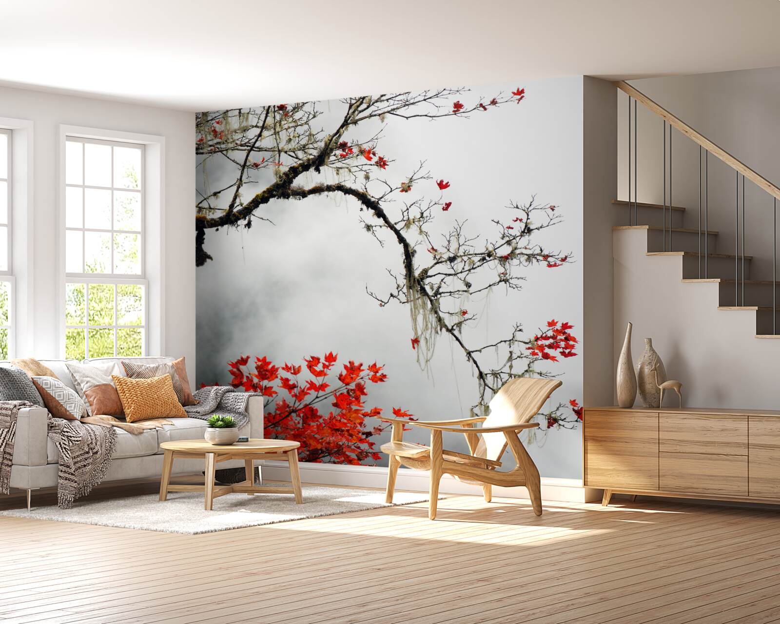 Fototapeta gałąź z liśćmi w jesiennej mgle