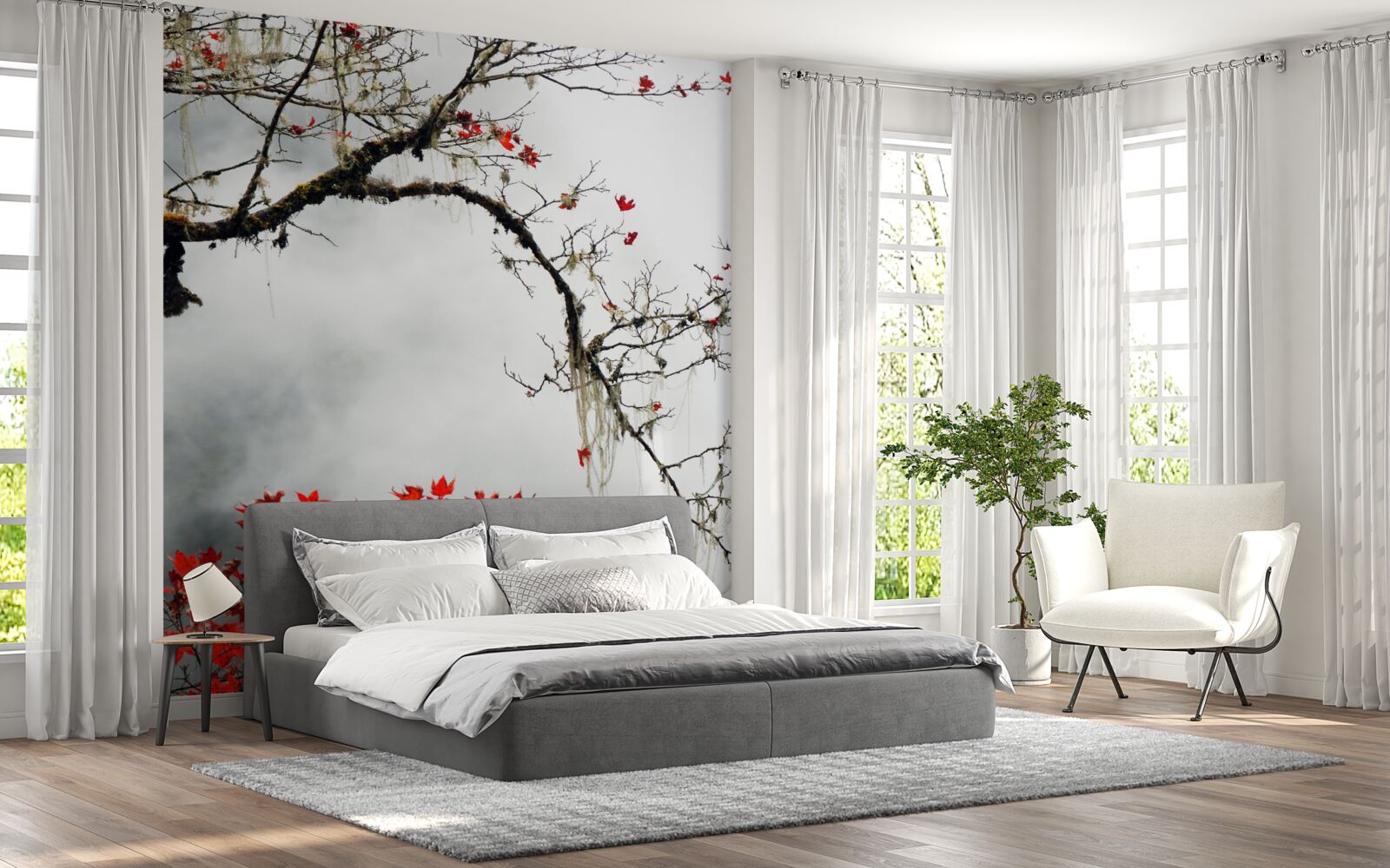 Fototapeta gałąź z liśćmi w jesiennej mgle