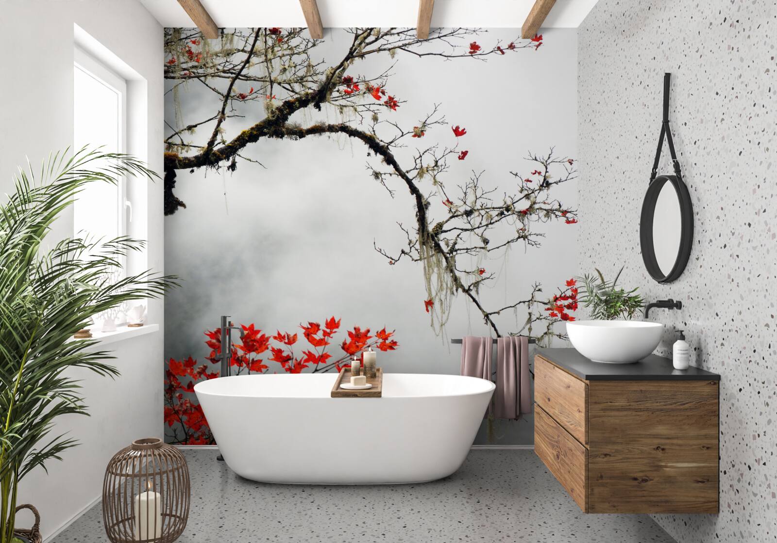 Fototapeta gałąź z liśćmi w jesiennej mgle