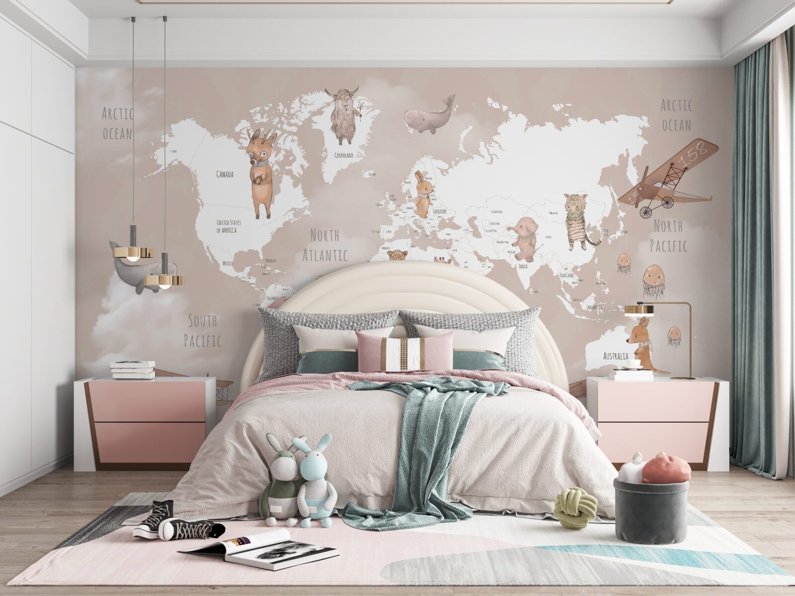 Fototapeta mapa świata z wizerunkami zwierząt i samolotów