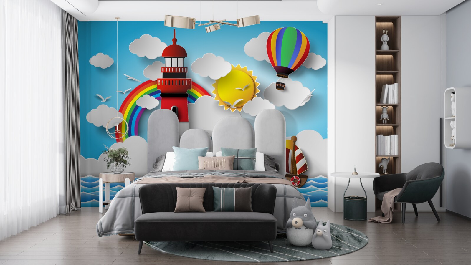 Fototapeta jasna latarnia morska oświetla pływające w pobliżu jachty