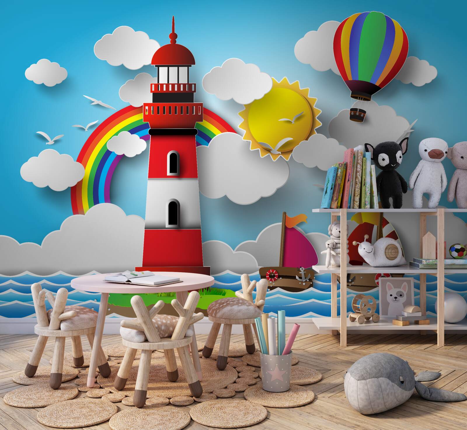 Fototapeta jasna latarnia morska oświetla pływające w pobliżu jachty