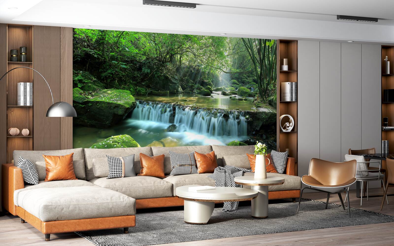 Fototapeta wodospad głośno rozlewający szerokie strumienie wśród zieleni, oświetlany promieniami słońca