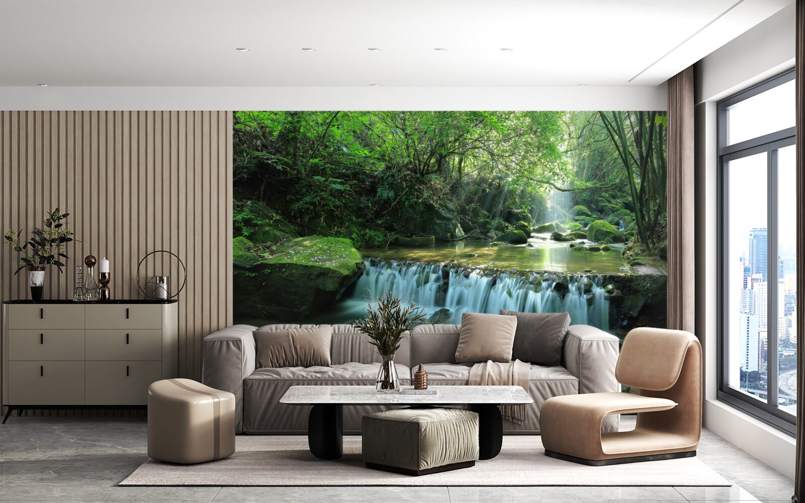 Fototapeta wodospad głośno rozlewający szerokie strumienie wśród zieleni, oświetlany promieniami słońca