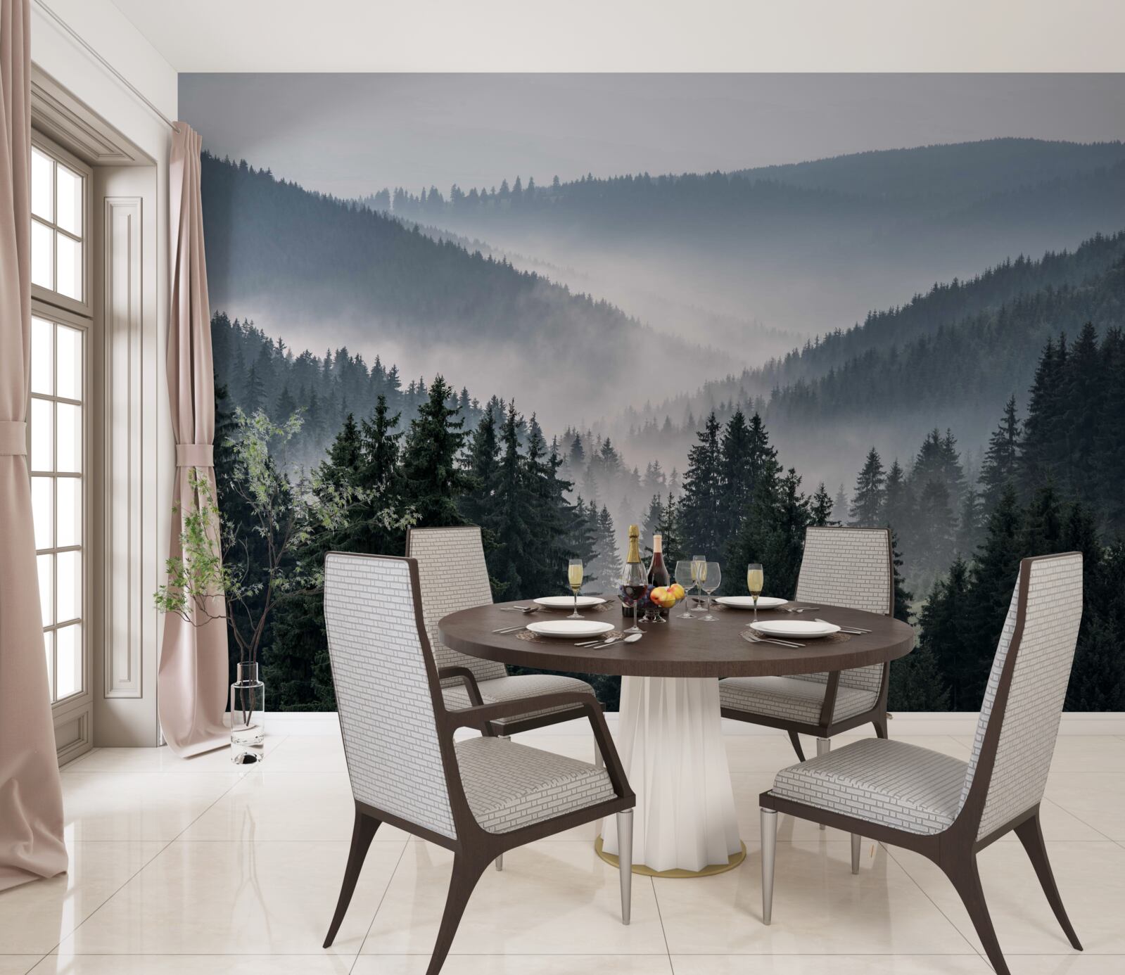 Fototapeta iglasty las górski ukryty jest pod osłoną gęstej mgły