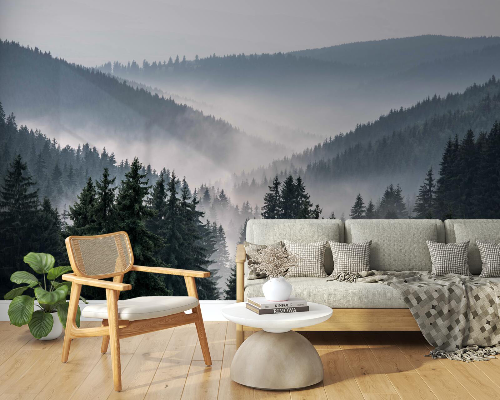 Fototapeta iglasty las górski ukryty jest pod osłoną gęstej mgły