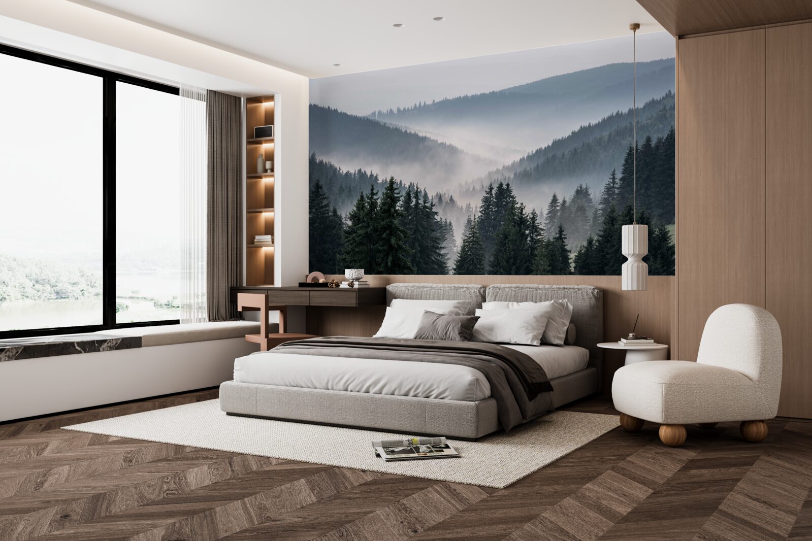 Fototapeta iglasty las górski ukryty jest pod osłoną gęstej mgły