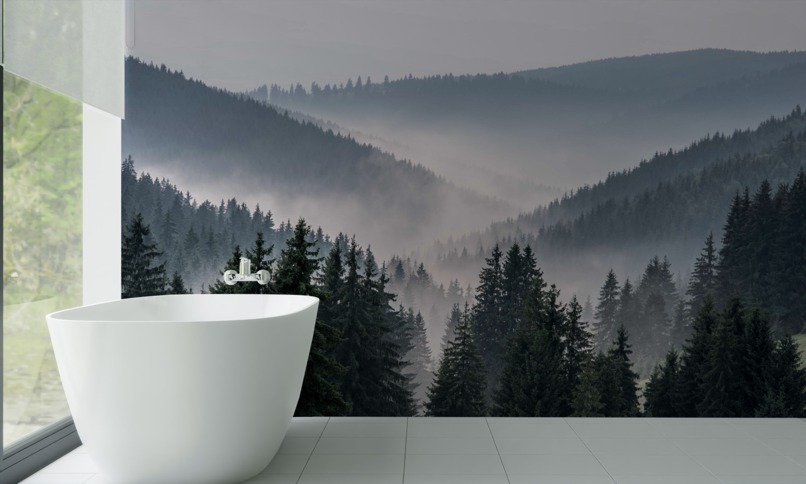 Fototapeta iglasty las górski ukryty jest pod osłoną gęstej mgły