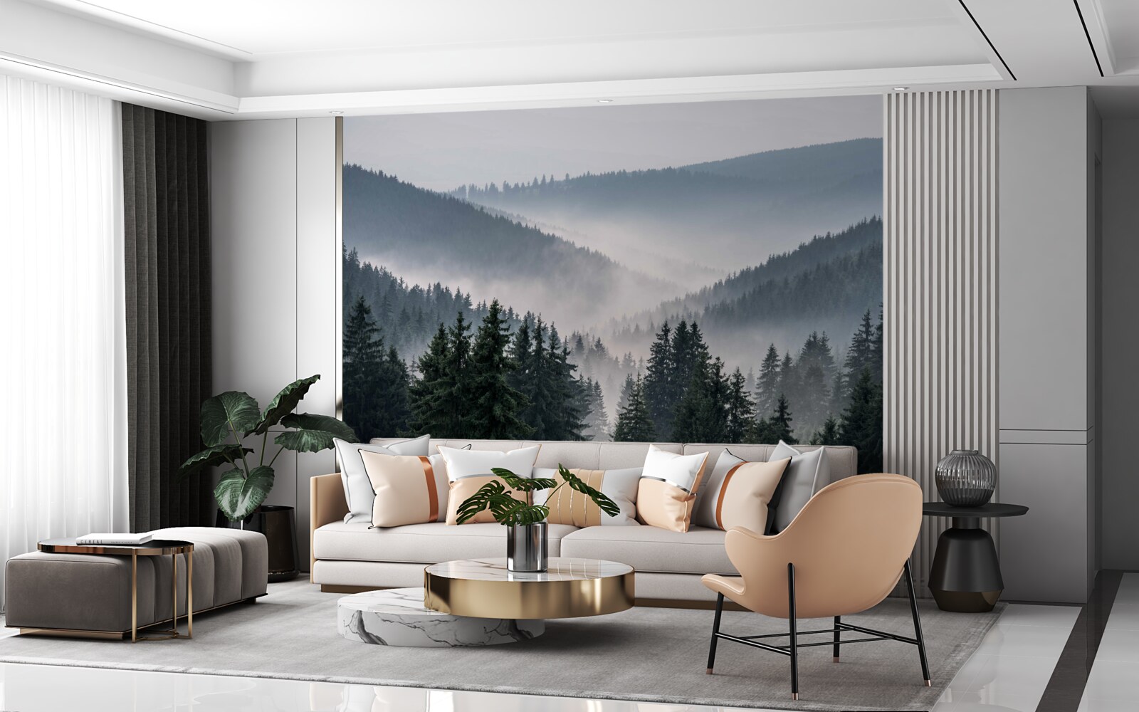 Fototapeta iglasty las górski ukryty jest pod osłoną gęstej mgły