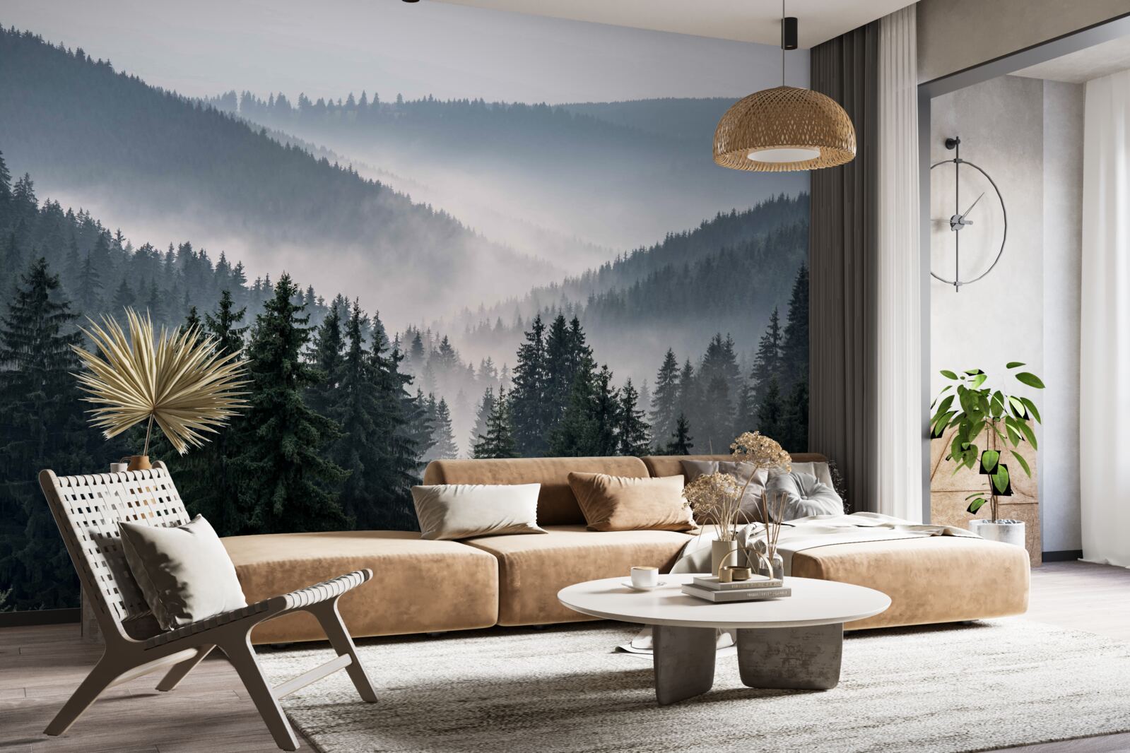 Fototapeta iglasty las górski ukryty jest pod osłoną gęstej mgły