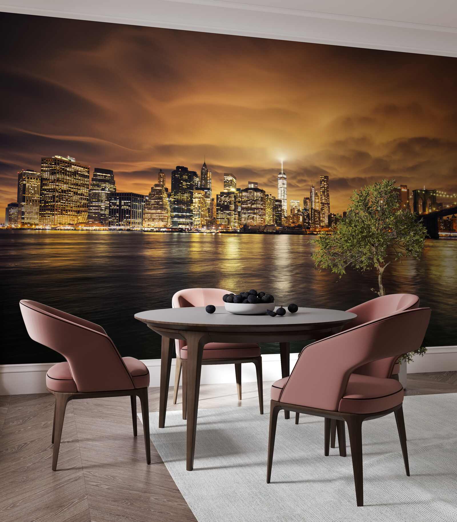 Fototapeta zachód słońca rozświetla blask nocnych lamp