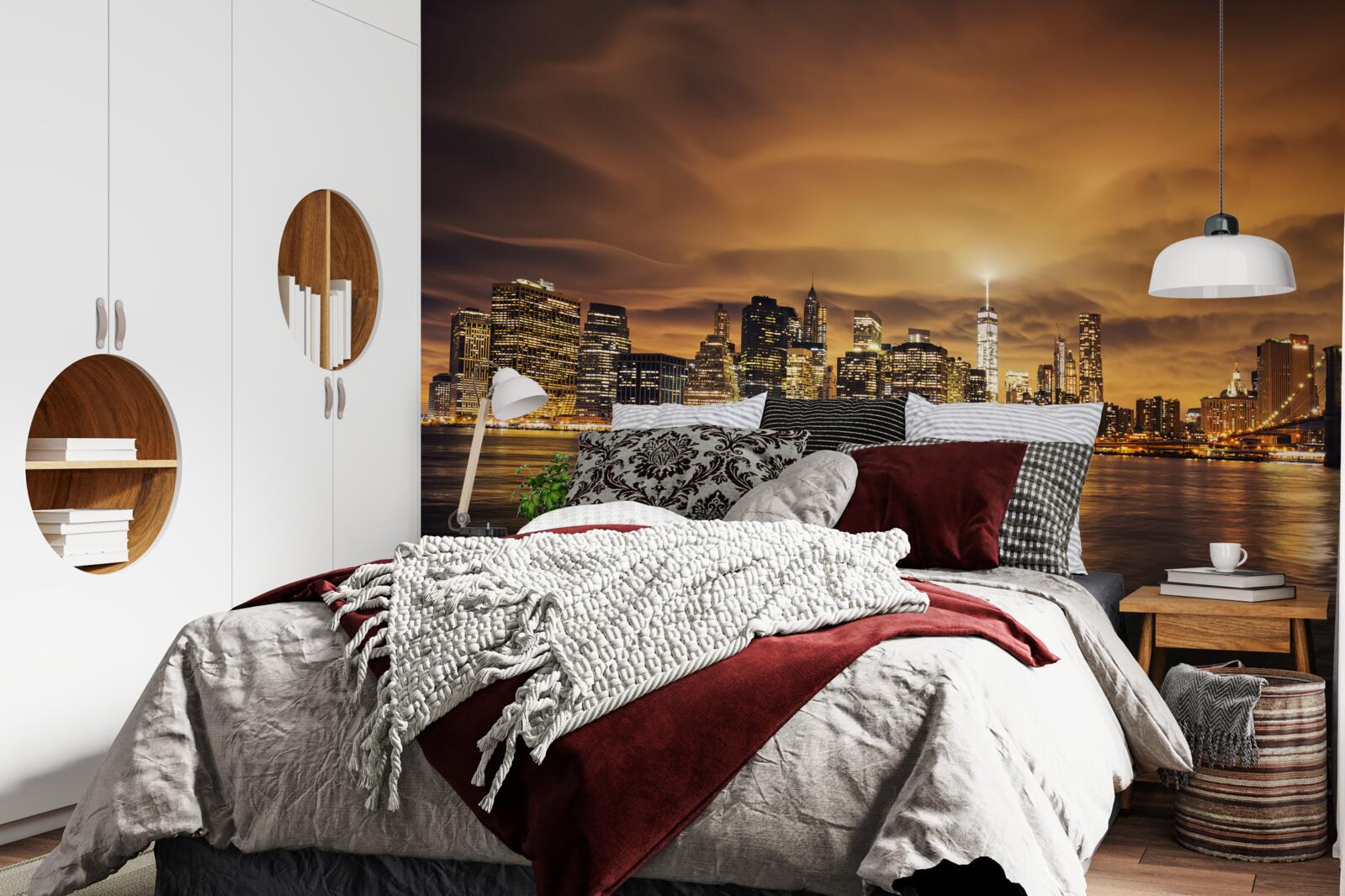 Fototapeta zachód słońca rozświetla blask nocnych lamp