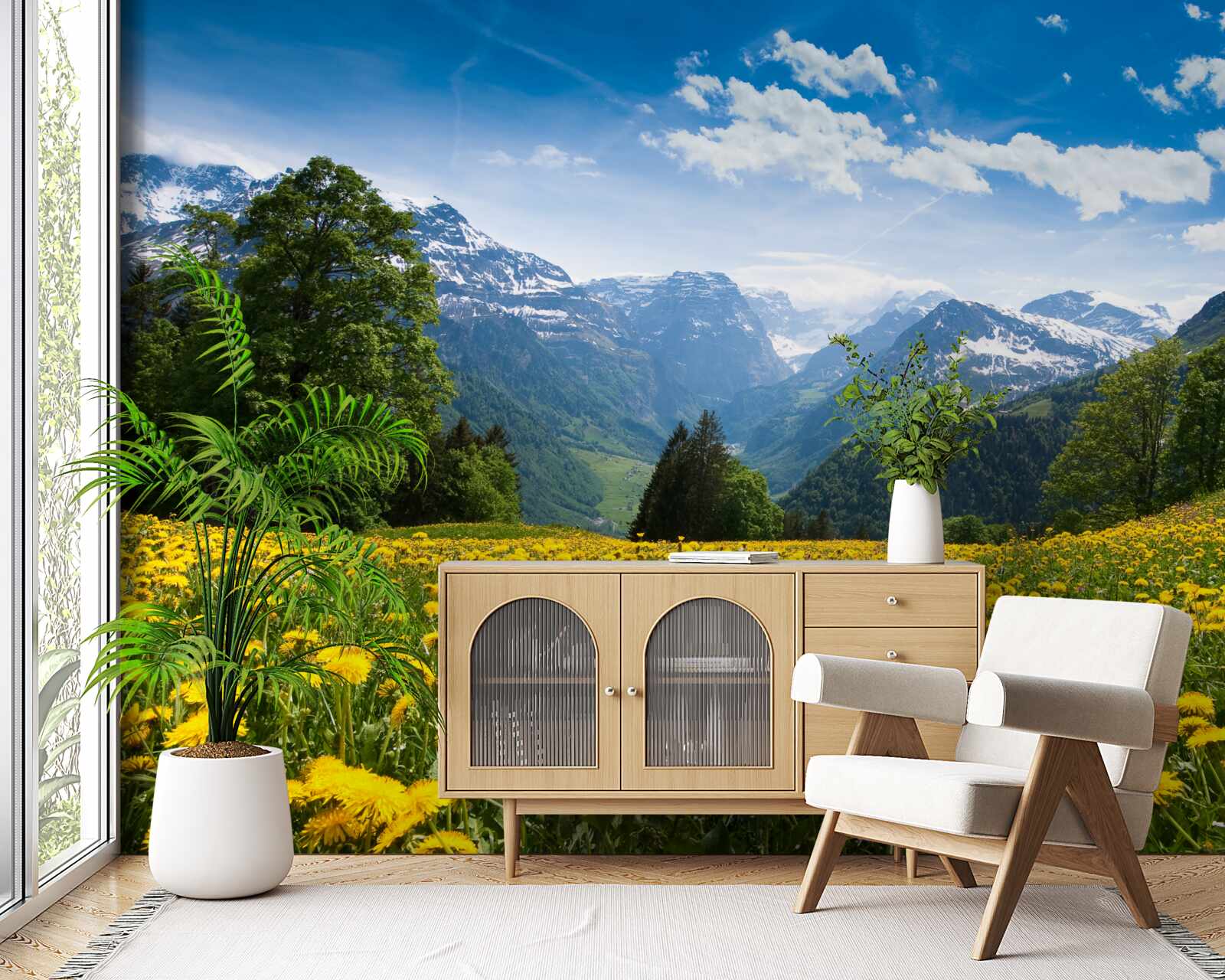 Fototapeta górski krajobraz z polem maków ozdobionym żółtymi mleczami