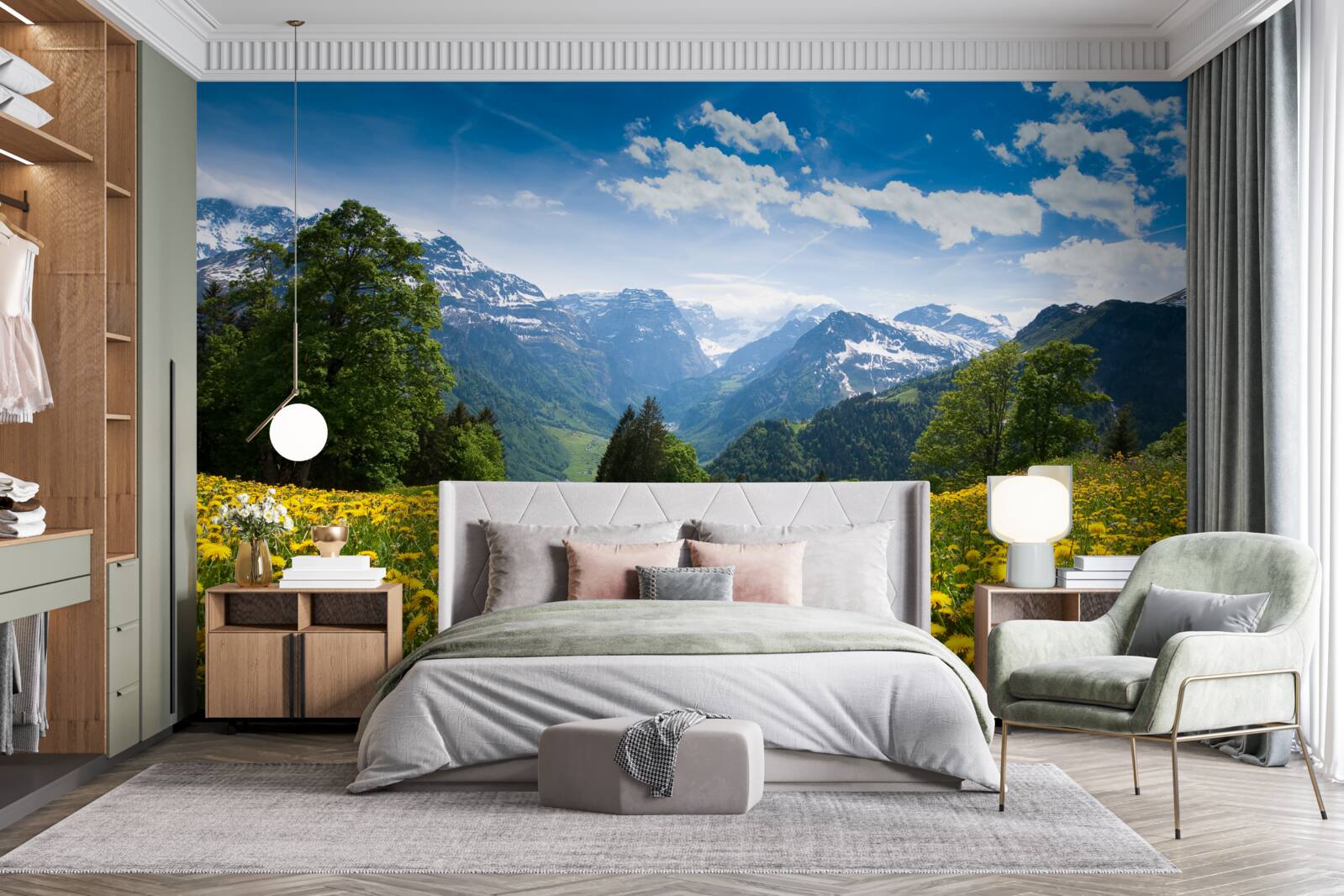 Fototapeta górski krajobraz z polem maków ozdobionym żółtymi mleczami