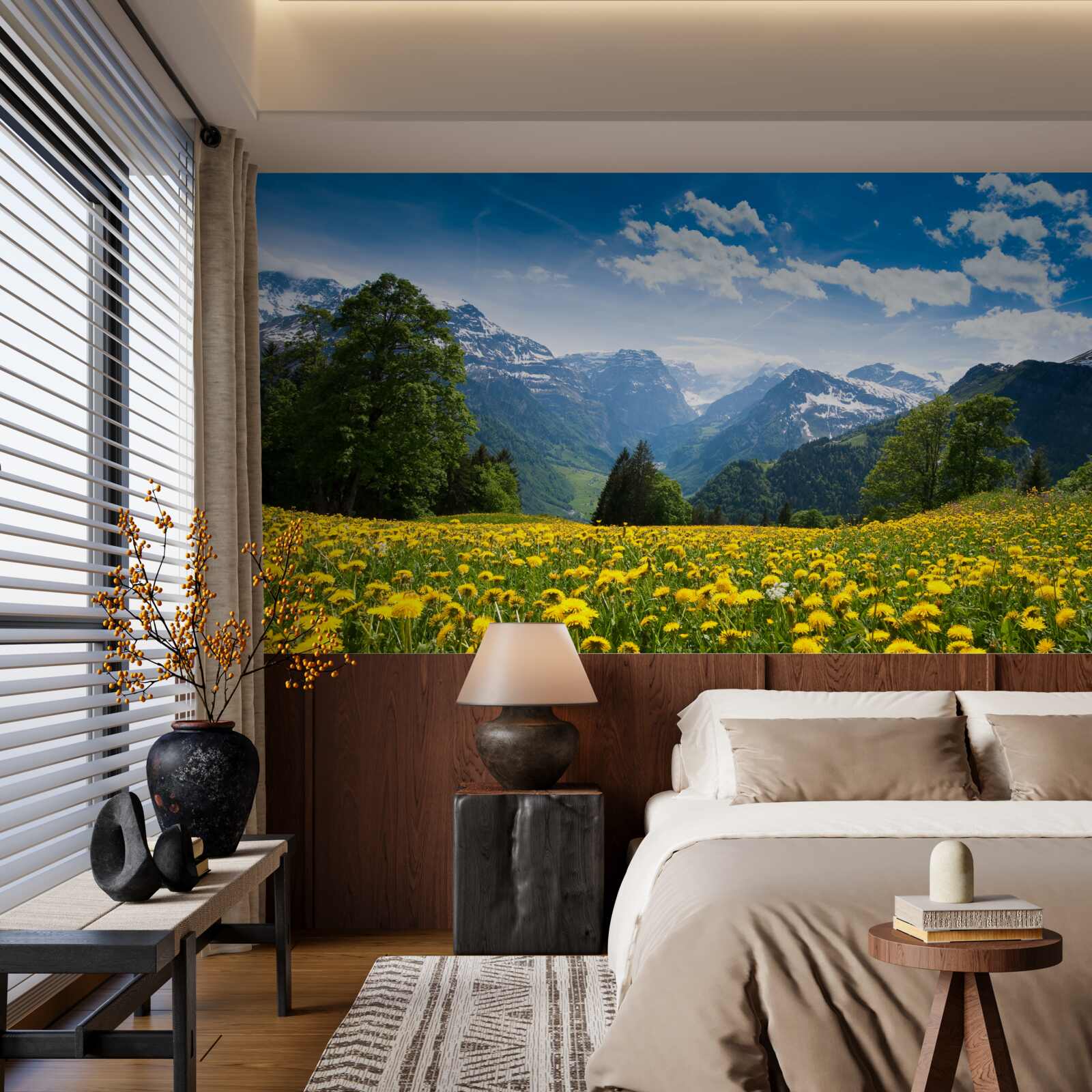 Fototapeta górski krajobraz z polem maków ozdobionym żółtymi mleczami