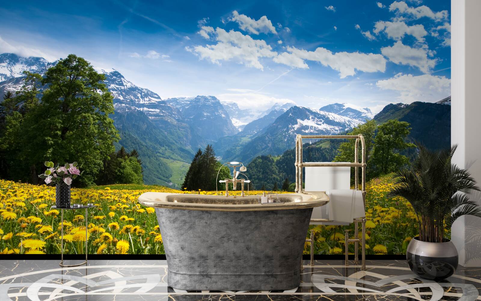 Fototapeta górski krajobraz z polem maków ozdobionym żółtymi mleczami