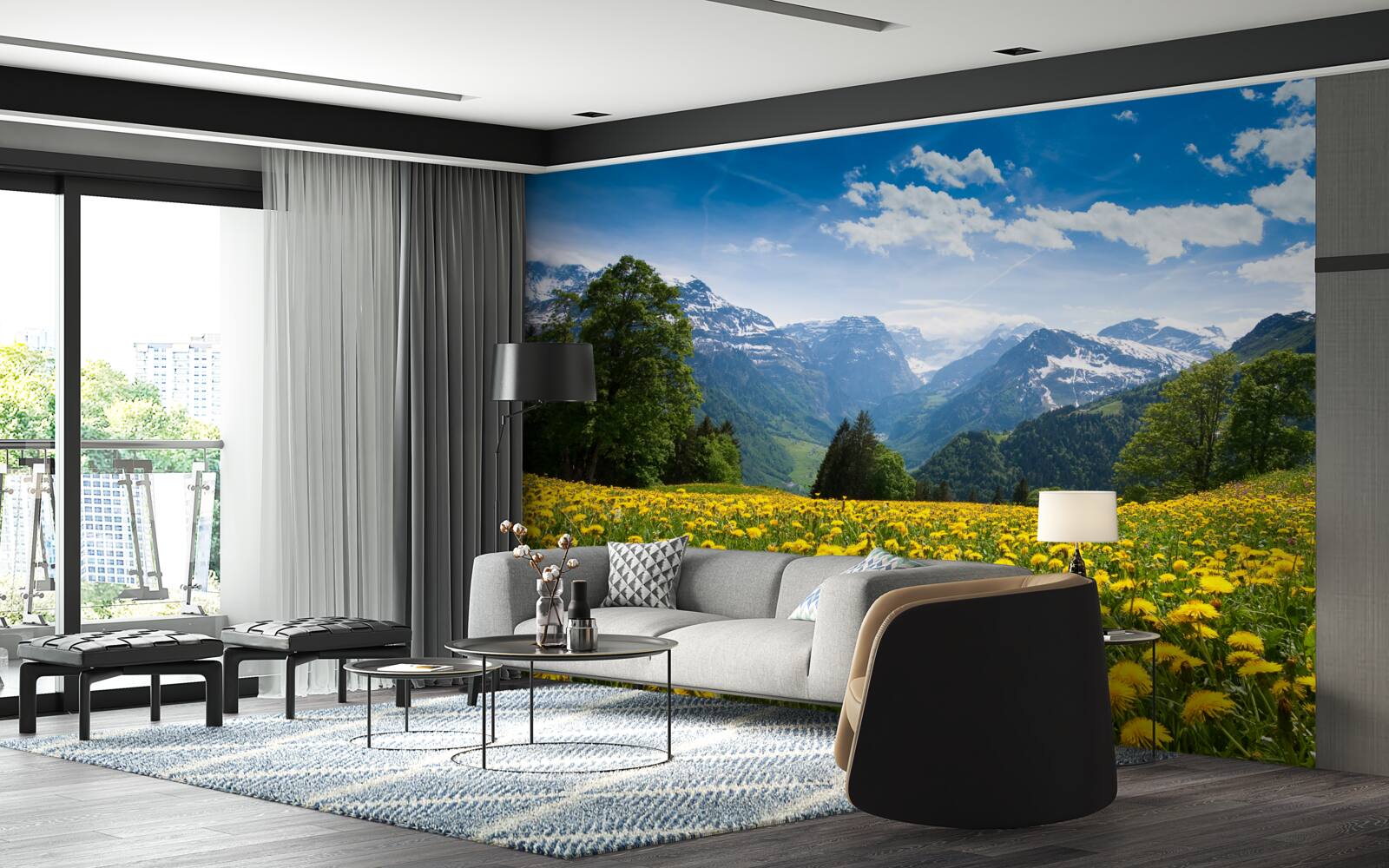 Fototapeta górski krajobraz z polem maków ozdobionym żółtymi mleczami