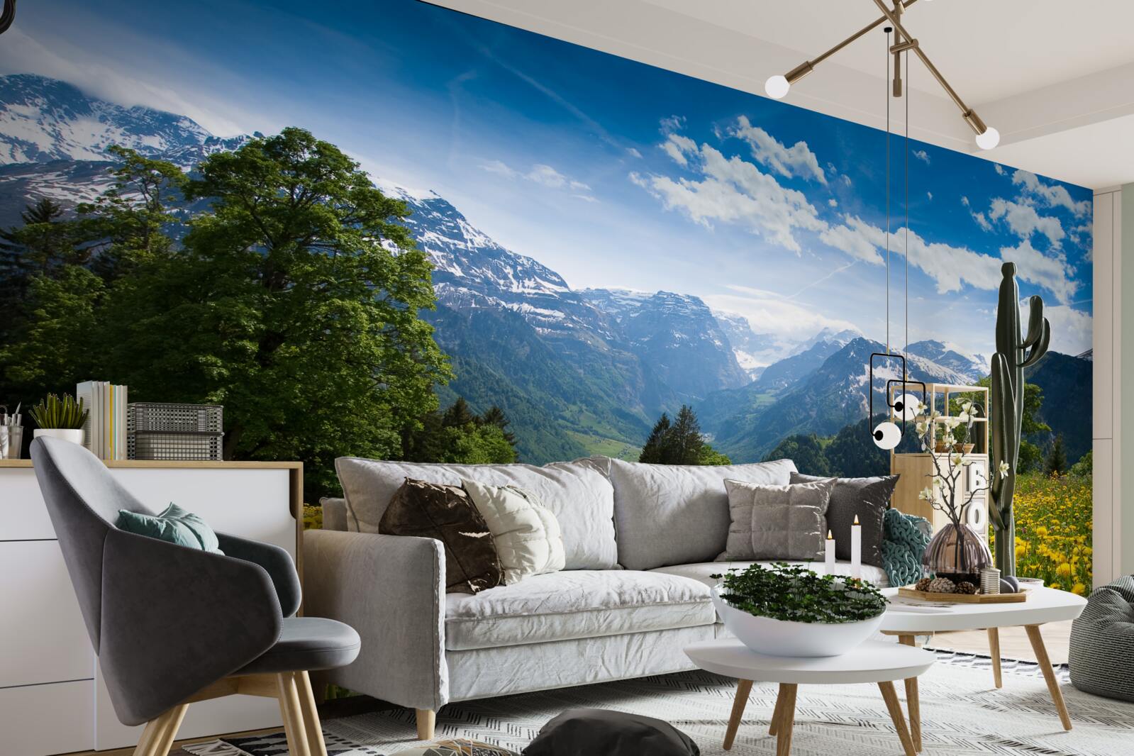 Fototapeta górski krajobraz z polem maków ozdobionym żółtymi mleczami