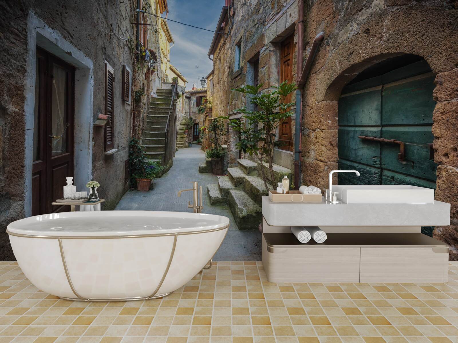 Fototapeta zabytkowa ulica wykonana z kamienia podczas zmierzchu