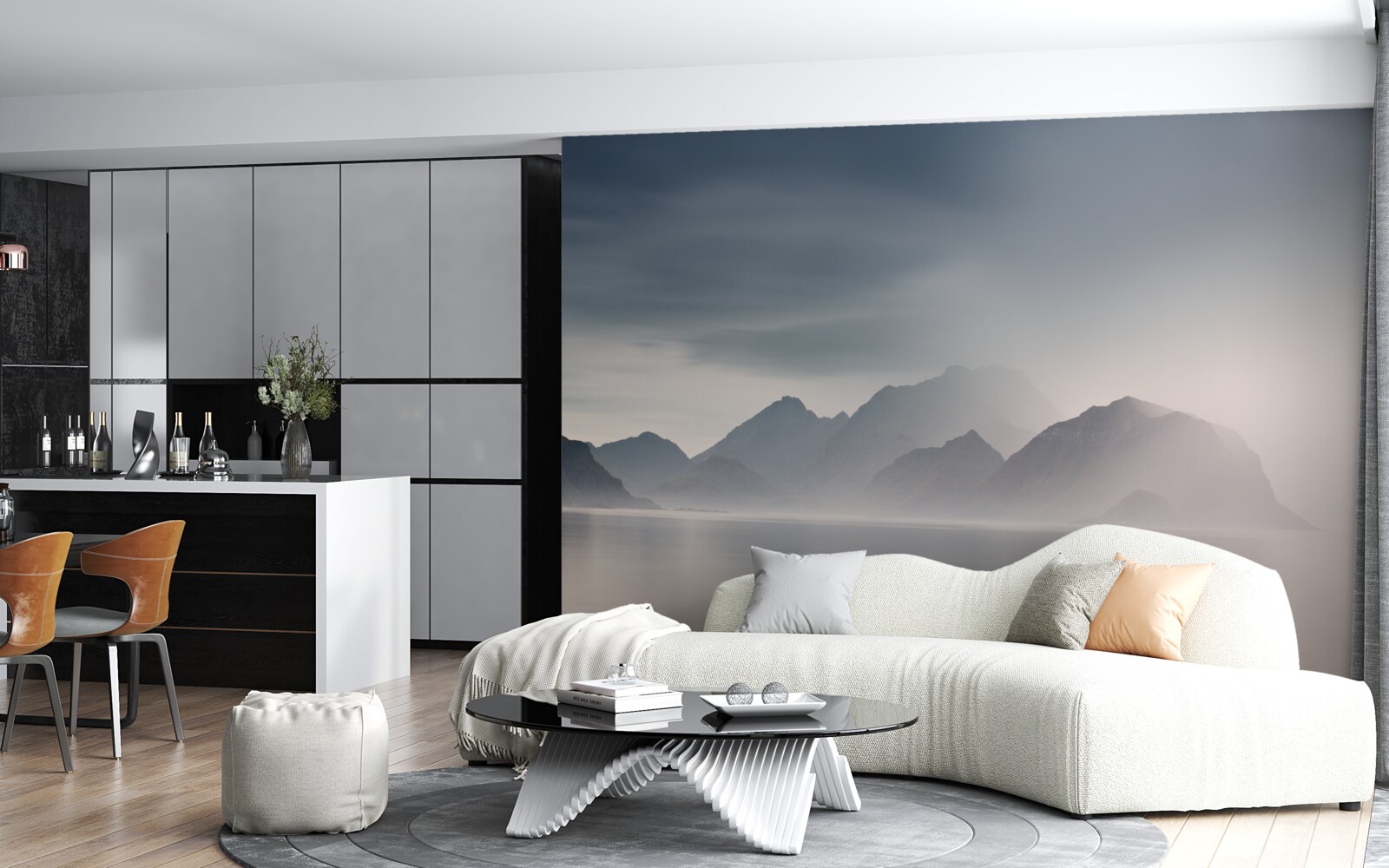 Fototapeta gęsta mgła opada do wód prowadzących do gór