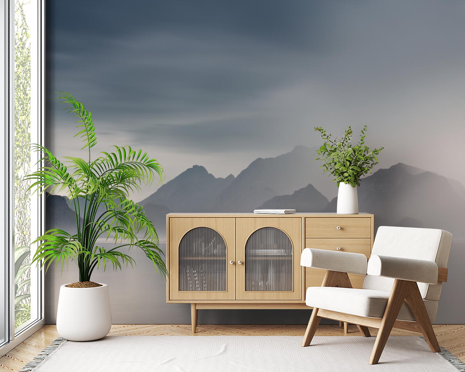 Fototapeta gęsta mgła opada do wód prowadzących do gór