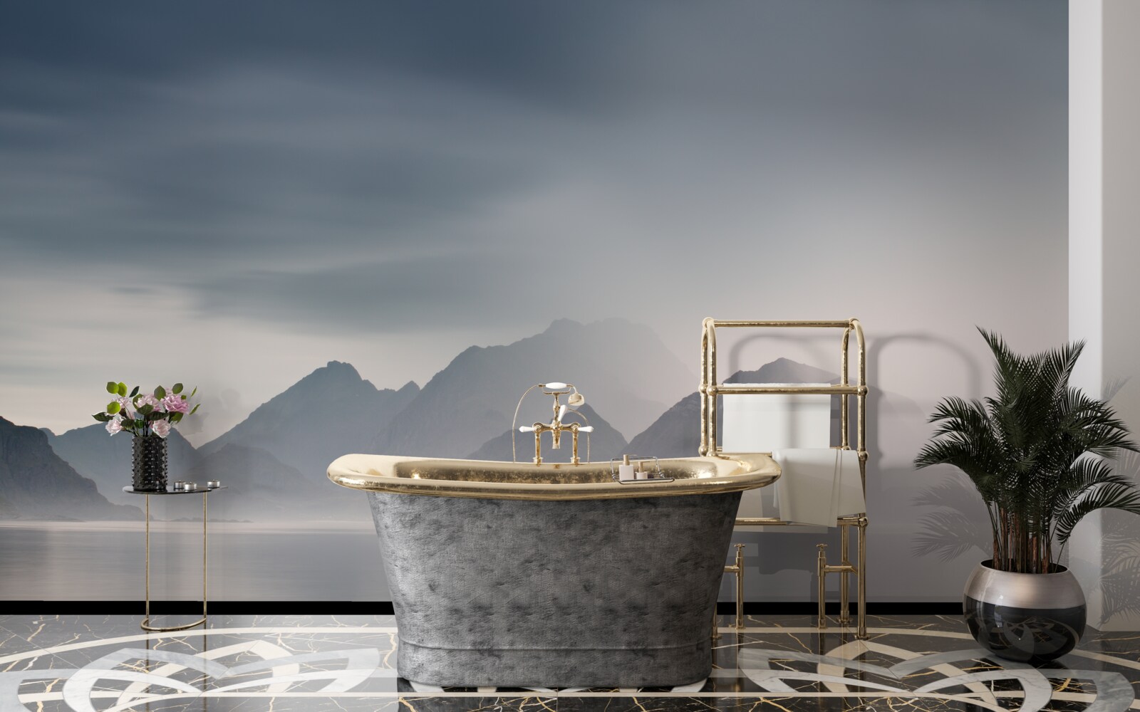 Fototapeta gęsta mgła opada do wód prowadzących do gór