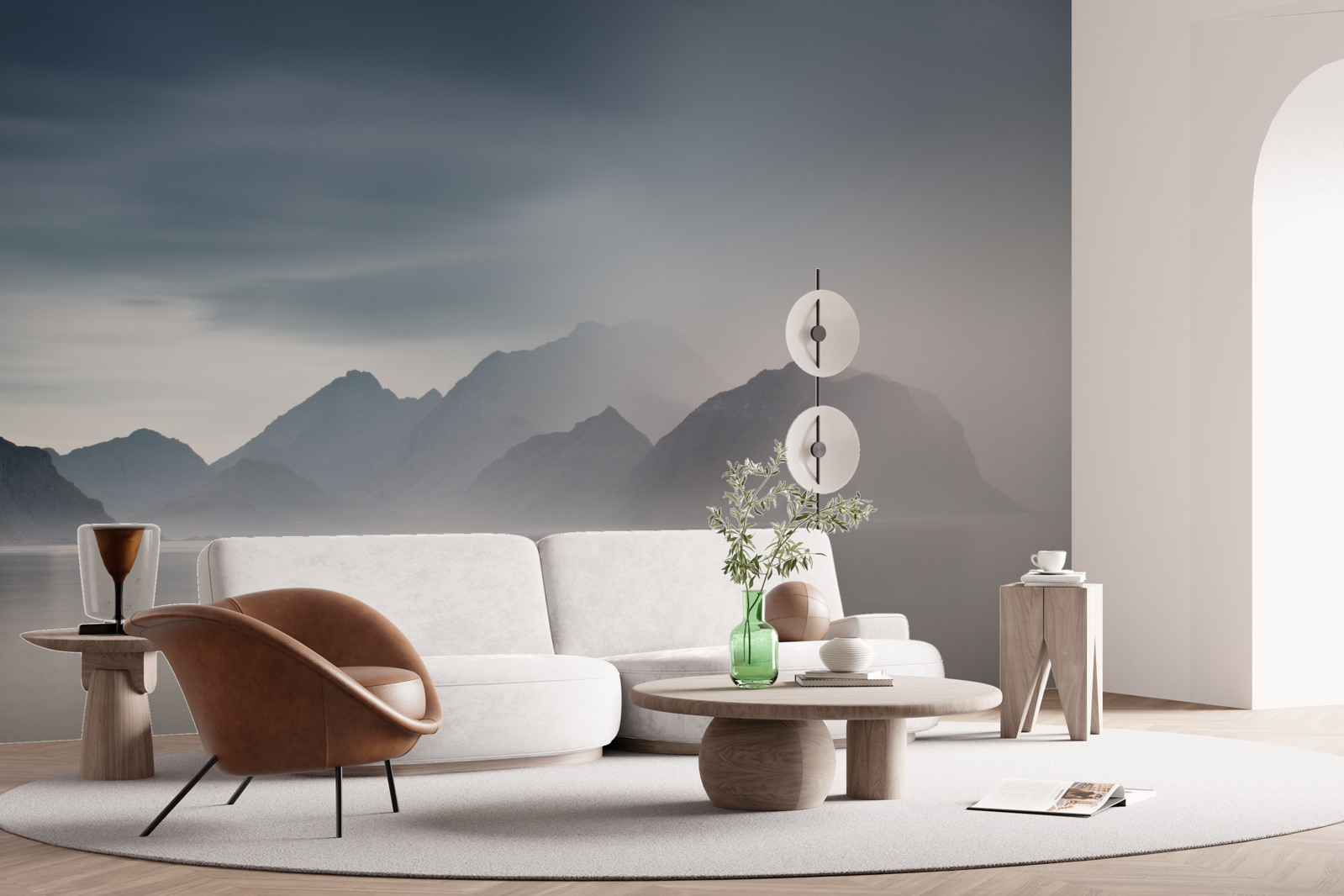 Fototapeta gęsta mgła opada do wód prowadzących do gór