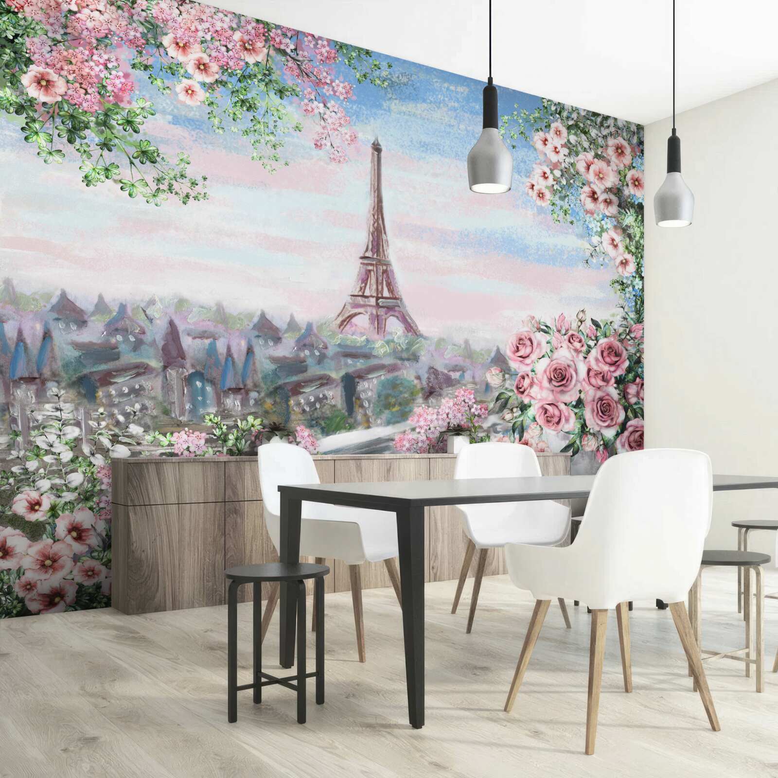 Fototapeta różowe kwiaty w ogrodzie położonym naprzeciwko wieży eiffla