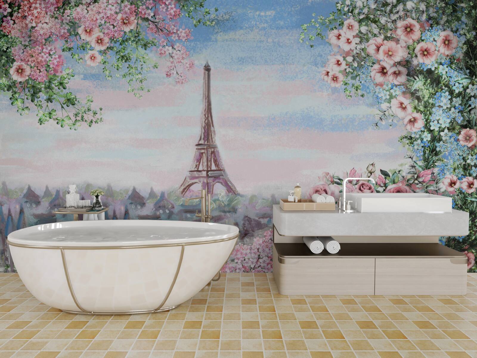 Fototapeta różowe kwiaty w ogrodzie położonym naprzeciwko wieży eiffla