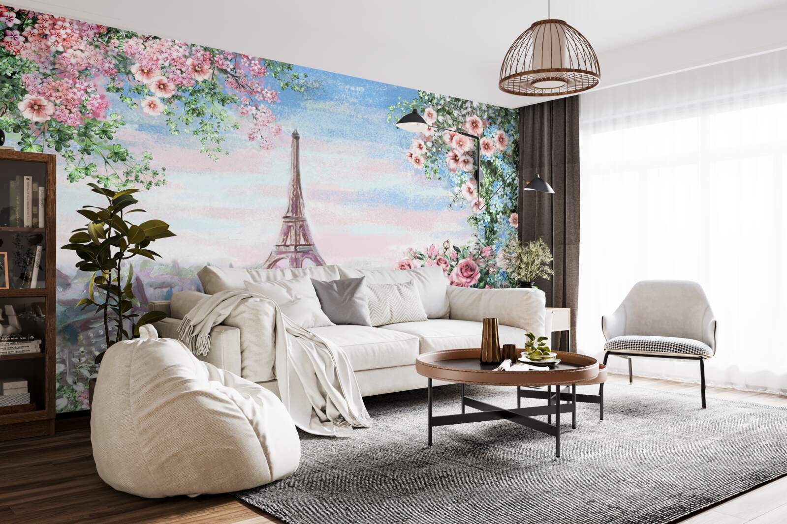 Fototapeta różowe kwiaty w ogrodzie położonym naprzeciwko wieży eiffla